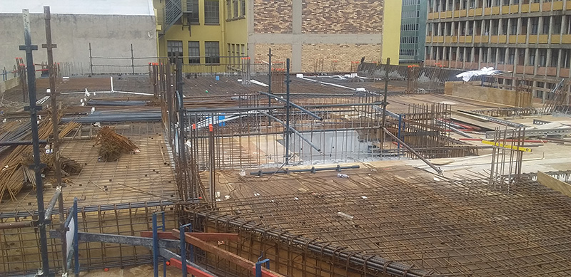 Reinforced concrete formwork and rebar on the 85 Anderson Street structural development in Johannesburg.